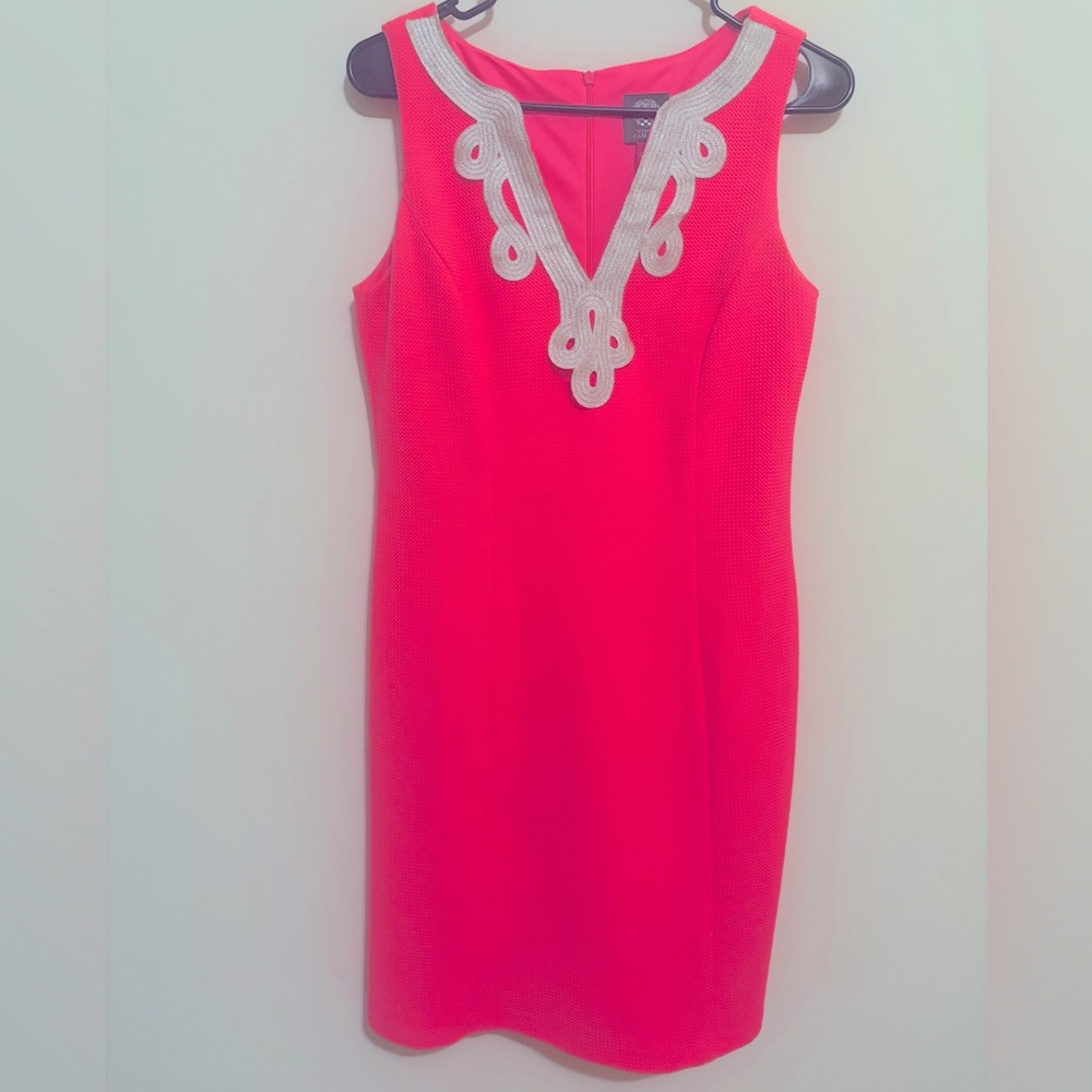 Vince Camuto dress, size 4, sleeveless, bright pink with silver neckline detail